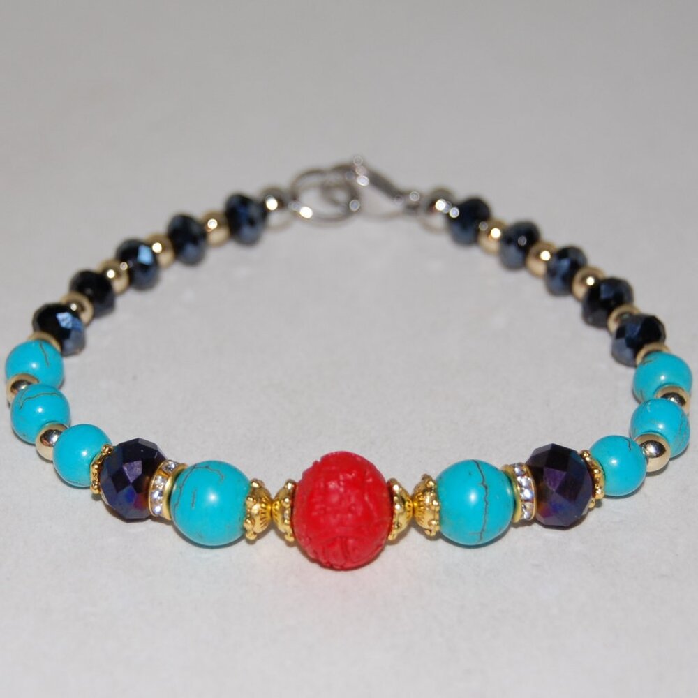 Multicolor Bracelet,Carved Charm,Stone and Glass Beads,Clasp Closure Bracelet